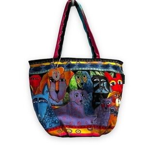 Vintage Laurel Burch Tote Bag Cats Dogs Colorful Canvas XL Artsy Boho Wood Charm